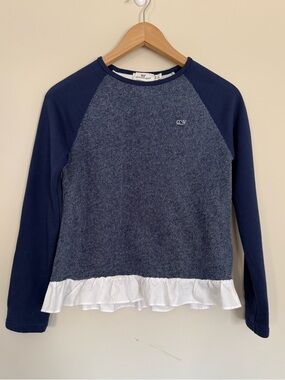 Vineyard Vines Girls Mixed Media Knit Top Navy with White Ruffle Hem Sz L (14)